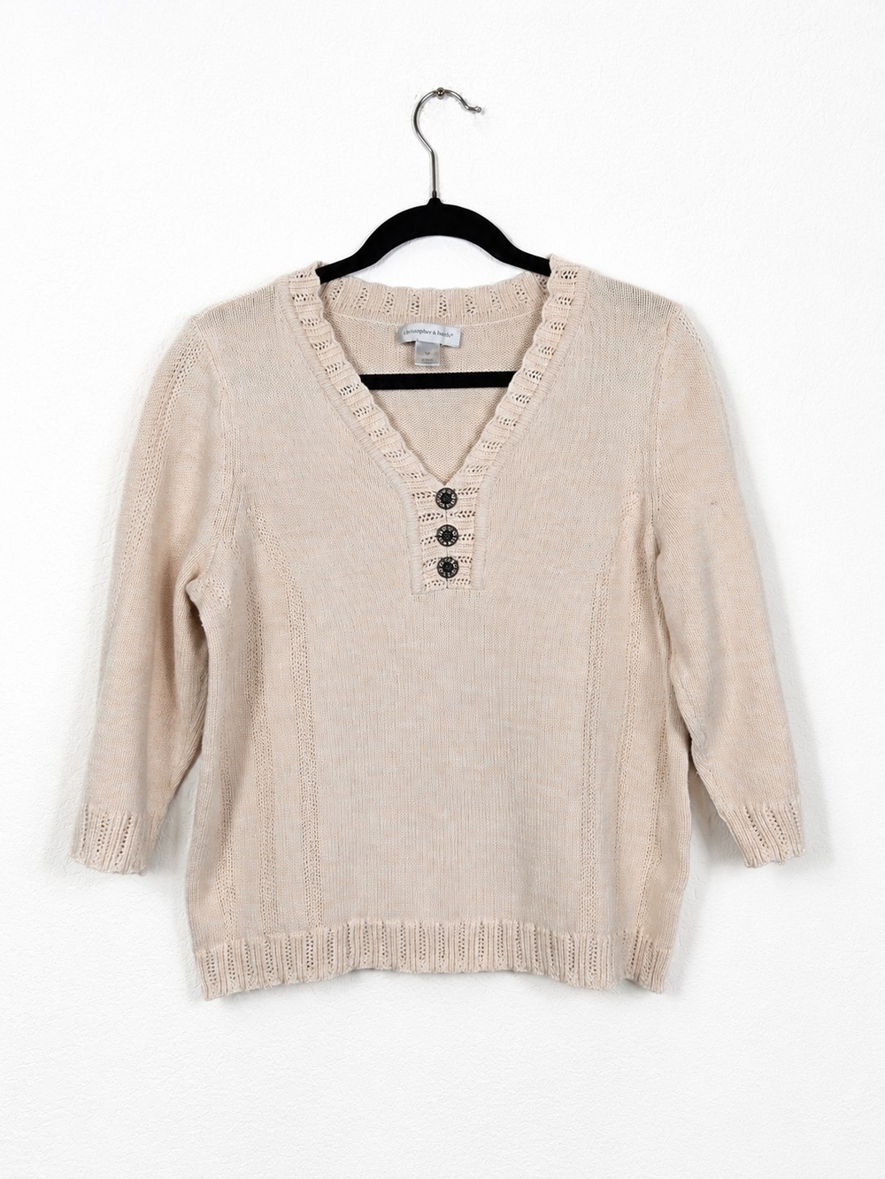 Cotton Knit Sweater M 3/4 Sleeve V Neck Crochet Cottagecore Coastal Grandmother